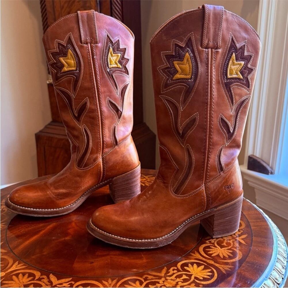 FRYE vintage Sabrina floral inlay cowboy Western boots size 6.5 - Picture 1 of 14